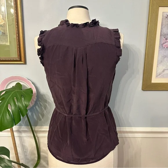 J Crew Sleeveless Wrap Blouse 4 Purple 100% Silk Ruffled Purple Office Holiday - Picture 2 of 8